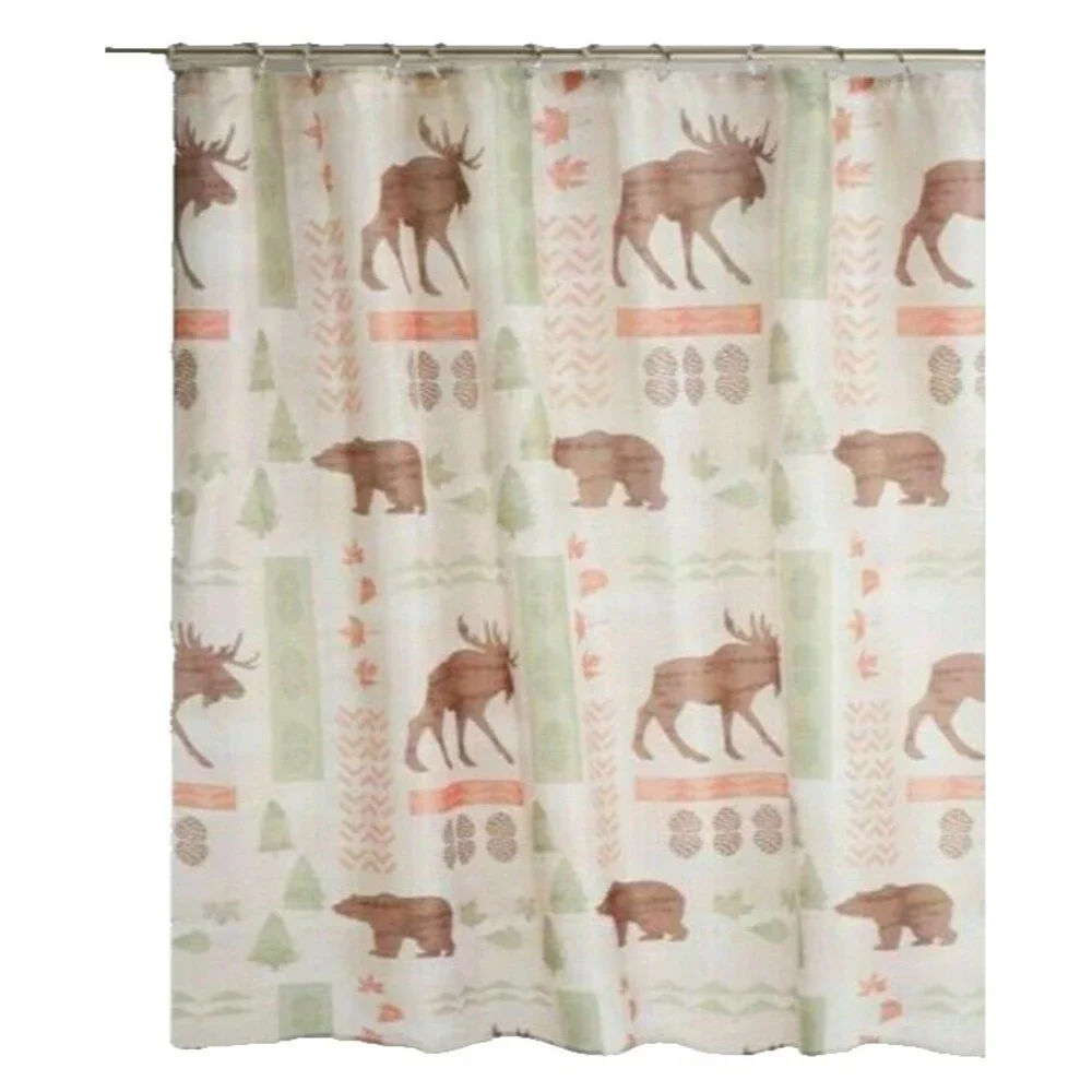 Moose Bear Fabric Shower Curtain Cabin Wilderness Lodge Forest 72L x 70W